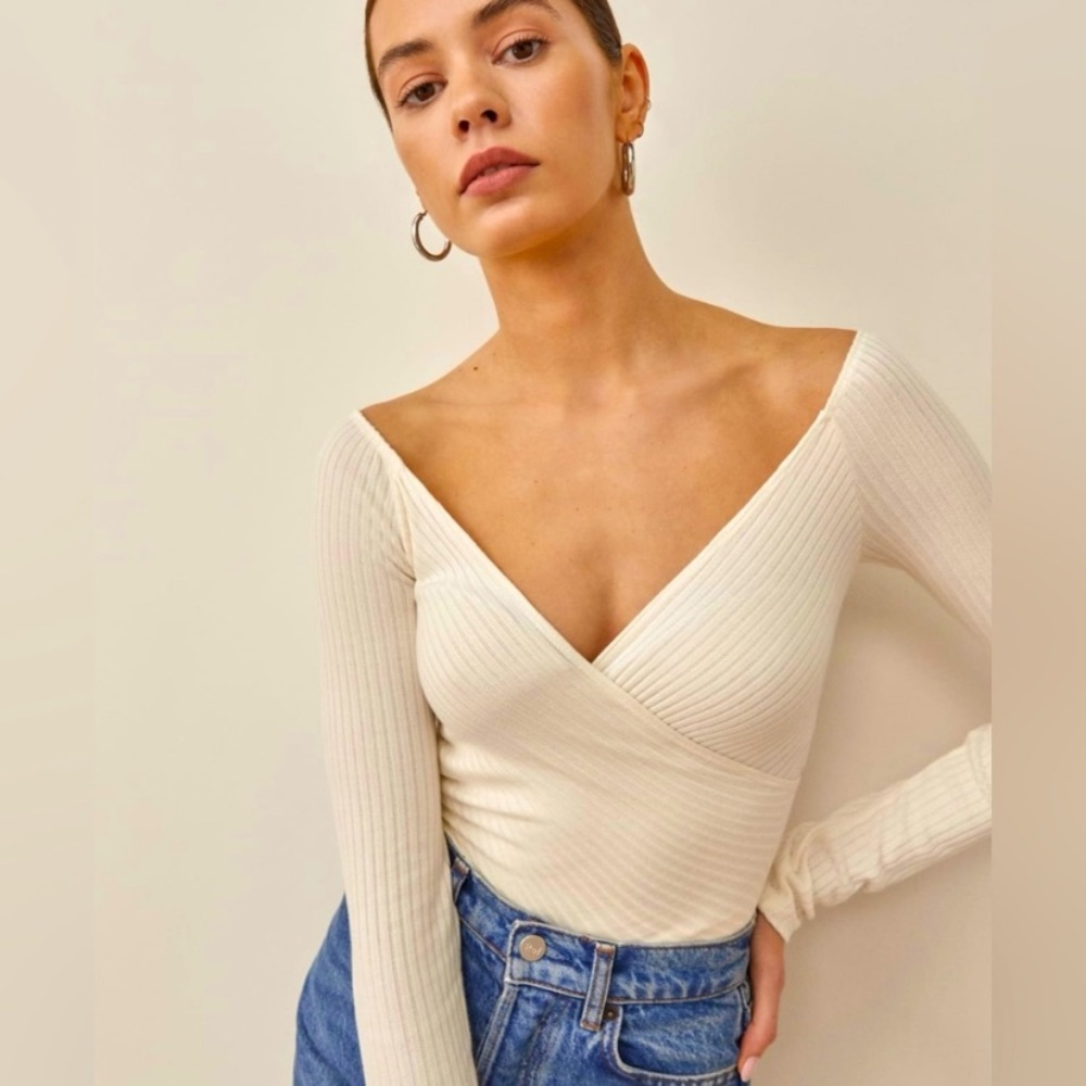 Reformation Cream Ribbed Wrap Blouse